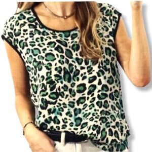 Women CAbi Green Black Cheetah Blouse Top 3260 M Career Classy Modern Cocktail
